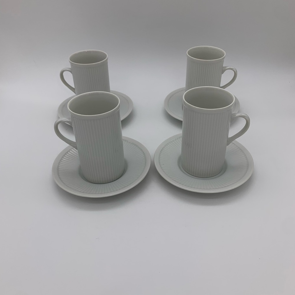 Fitz and Floyd Classic Vtg.Nevaeh White Ribbed Cylinder Cups & Saucers Set Of 4